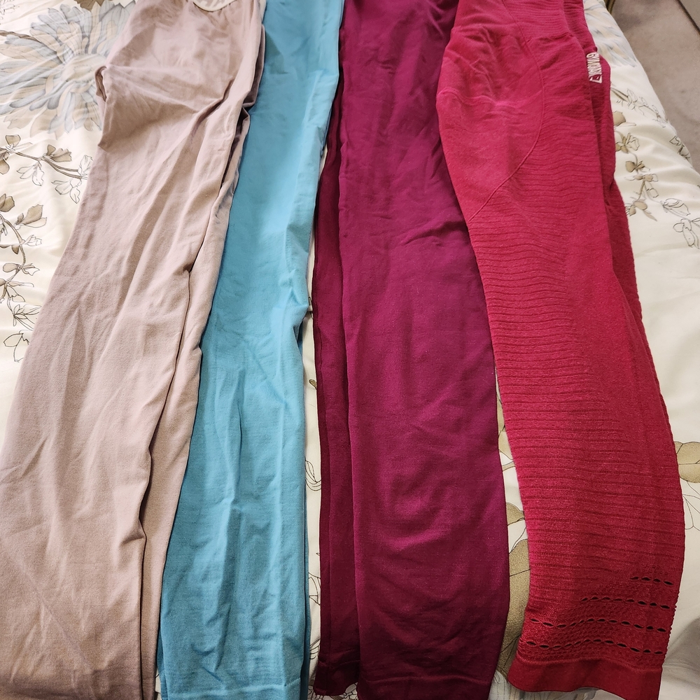 Gymshark Tan, Blue, Purple, and Red Leggings Set
